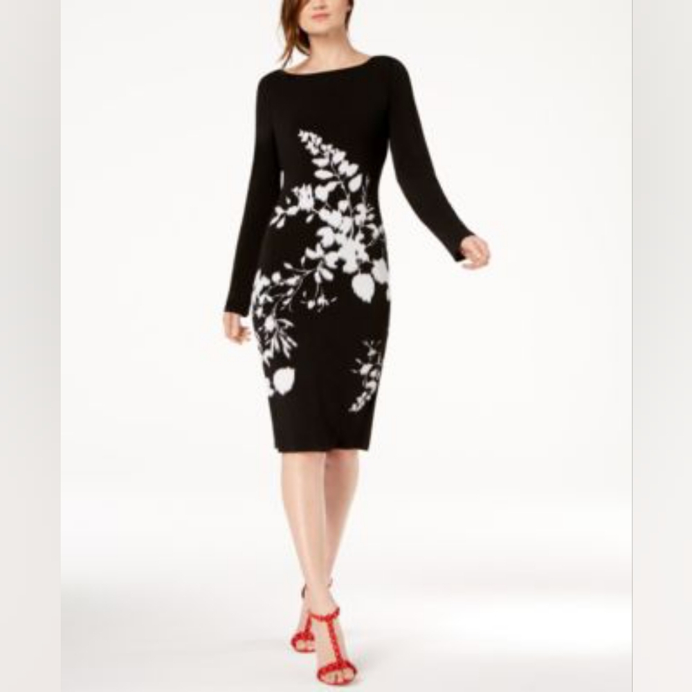 INC International Concepts Black and White Floral Long Sleeve Cocktail Dress XL - Picture 1 of 5